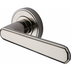 Century Deco Lever Handles on Rose in Polished Nickel