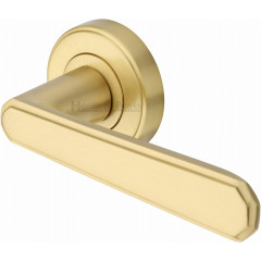 Century Deco Lever Handles on Rose in Satin Brass