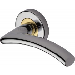 Centaur Curved Lever Handles on Rose in Polished Chrome and Brass