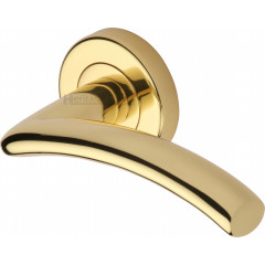 Centaur Curved Lever Handles on Rose in Polished Brass