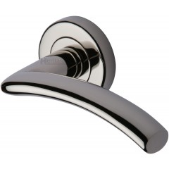 Centaur Curved Lever Handles on Rose in Polished Nickel