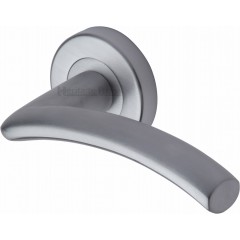 Centaur Curved Lever Handles on Rose in Satin Chrome