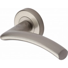 Centaur Curved Lever Handles on Rose in Satin Nickel