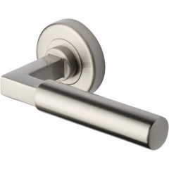 Bauhaus Lever Handles on Rose in Satin Nickel