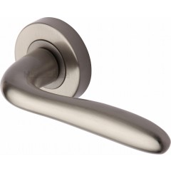 Columbus Lever Handles on Rose in Satin Nickel