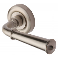 Colonial Regency Lever Handles on Rose in Satin Nickel