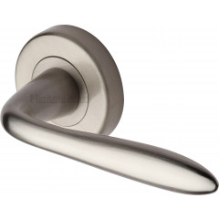 Sutton Lever Handles on Rose in Satin Nickel