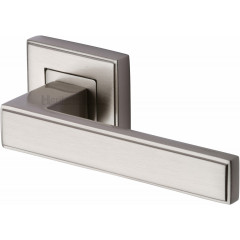 Linear Lever Handles on Square Rose in Satin Nickel