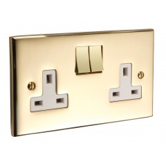 Polished Brass 2G Switched Socket With White Inserts