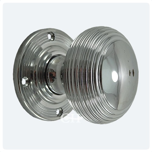 British Handmade Reeded Beehive Mortice Door Knobs in Nickel Chrome