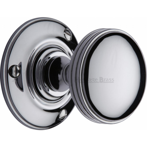 Period Half Reeded Mortice Door Knobs on Rose in Polished Chrome from