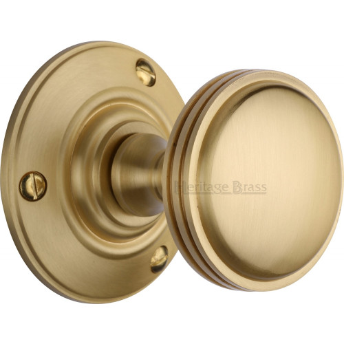 Period Half Reeded Mortice Door Knobs on Rose in Satin Brass from