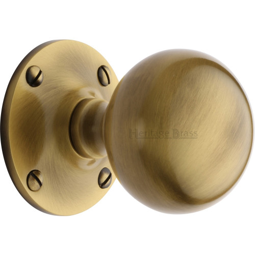 Large Victorian Ball Mortice Door Knobs on Rose in Antique Brass from