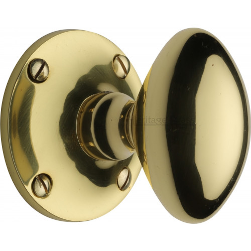 Large Victorian Oval Mortice Door Knobs on Rose in Polished Brass from