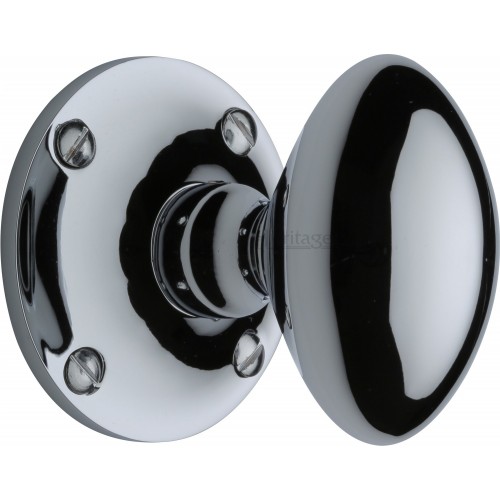 Large Victorian Oval Mortice Door Knobs on Rose in Polished Chrome from
