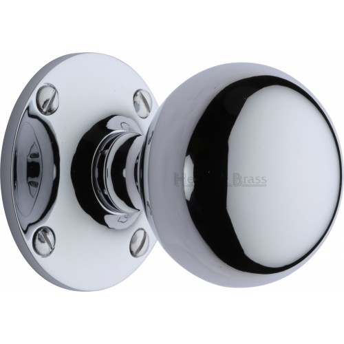 Large Victorian Ball Mortice Door Knobs on Rose in Polished Chrome from