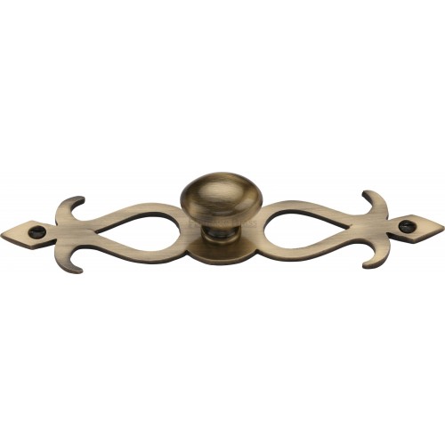 Cupboard Knobs On Decorative Backplate In Antique Brass