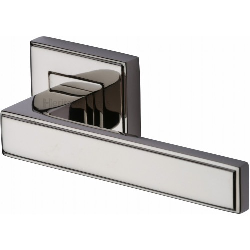 Linear Lever Handles on Square Rose in Polished Nickel from Cheshire