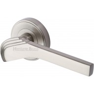 Tiffany Deco Lever Handles on Rose in Satin Nickel