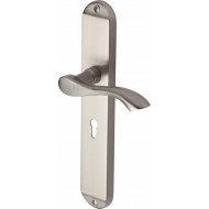 Algarve Lever Handles on Long Backplate in Satin Nickel