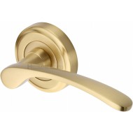 Sophia Designer Lever Handles on Rose in Satin Brass