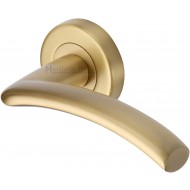 Centaur Curved Lever Handles on Rose in Satin Brass