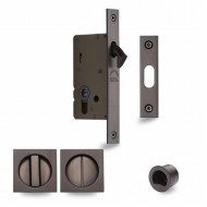 Pocket Door Privacy Set With Square Pulls in Matt Bronze