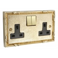 Polished Brass 2G Switched Socket With Black Inserts