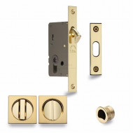 Pocket Door Privacy Set With Square Pulls in Polished Brass