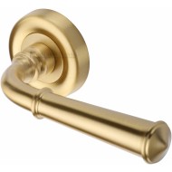 Colonial Regency Lever Handles on Rose in Satin Brass