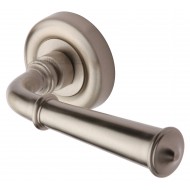 Colonial Regency Lever Handles on Rose in Satin Nickel