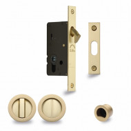 Pocket Door Privacy Set With Round Pulls in Satin Brass
