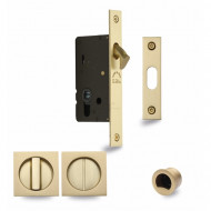 Pocket Door Privacy Set With Square Pulls in Satin Brass