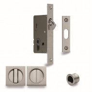 Pocket Door Privacy Set With Square Pulls in Satin Nickel