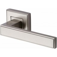 Linear Lever Handles on Square Rose in Satin Nickel